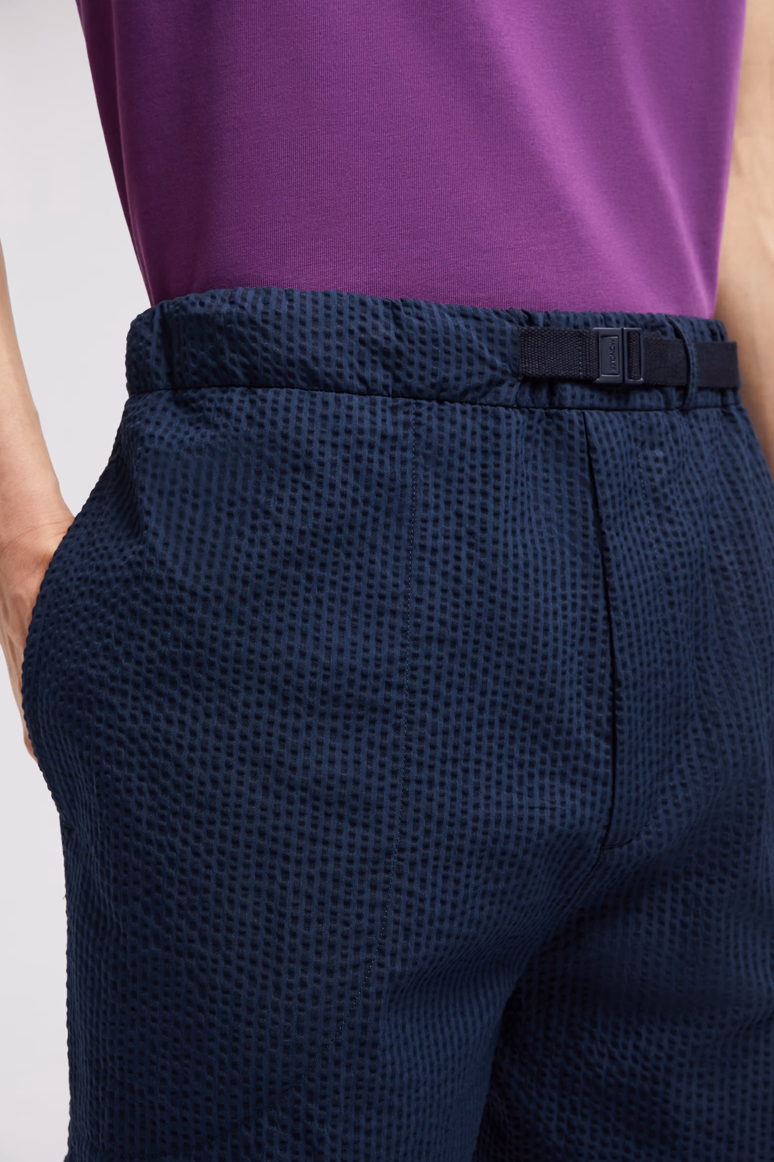 Belted Seersucker Shorts Men Dark Blue Moncler 4